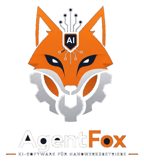 AgentFox – Fuchskopf mit KI-Chip, Zahnrad und Schraubenschlüssel.