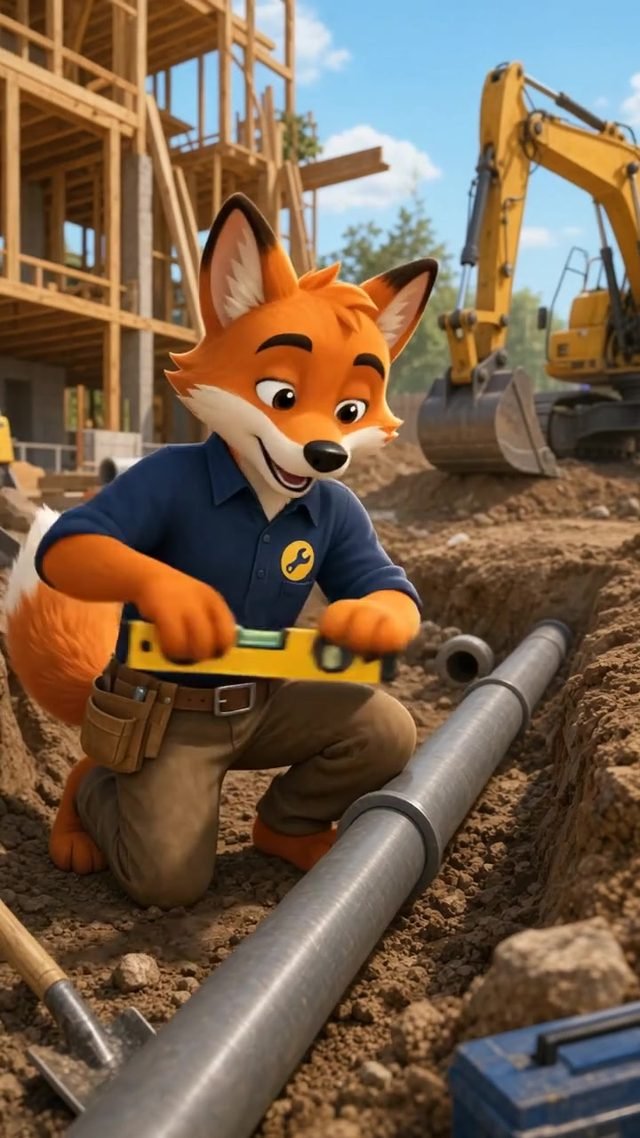 Agent Fox in Arbeitshose und Werkzeuggürtel beim Verlegen eines Rohrs auf der Baustelle.