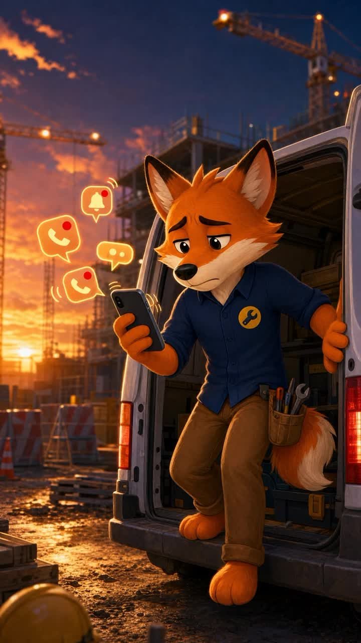 Agent Fox, der Fuchs im dunkelblauen Arbeitshemd mit gelbem Werkzeug-Abzeichen, hält auf der Baustelle ein Handy voller Benachrichtigungen.